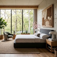 Bright modern bedroom minimalist decor, and large floor-to-ceiling windows that open to natural greenery. Neutral tones.