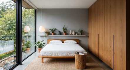 Modern Scandinavian-style bedroom a wooden floating bed, minimalist decor, and large floor-to-ceiling windows that open to natural greenery. Neutral tones, clean lines, and natural light.