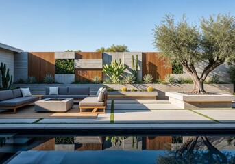 Modern minimalist backyard with swimming pool and outdoor lounge.