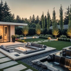 Modern Backyard with Fire Pit Lounge and Water Feature