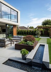 Modern backyard garden with water feature and outdoor seating.
