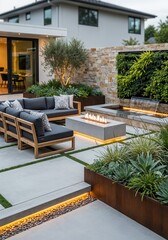 Modern backyard landscape design with comfortable seating, string lights, fireplace.