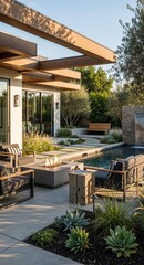 Contemporary outdoor patio featuring a built-in sectional sofa, concrete fire pit, decorative water feature, modern pergola, and landscaped garden design.