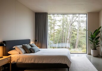 Modern living room with large window in minimal design and decoration.