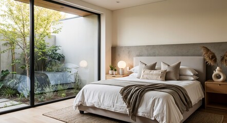 Modern bedroom with large glass window and forest view.