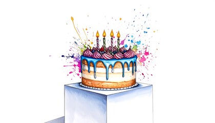 Doodle birthday cake drawn with thick marker lines and colorful splashes. 