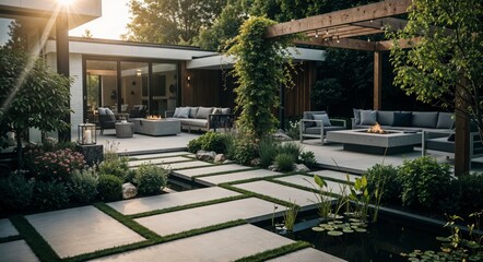 Modern backyard patio with pergola, fire pit, and garden pond at sunset.