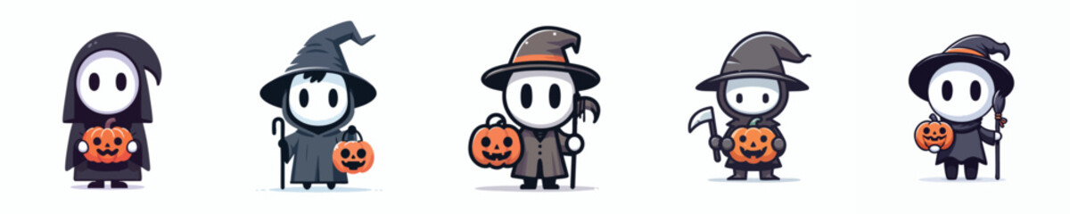 Chibi Halloween Characters with Pumpkins – Cute Kawaii Witch Costume Art © NineteenVisualStudio