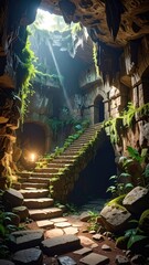 Mystical Cave Interior with Lush Greenery and Ancient Stone Stairs