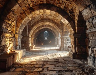 Serene Ancient Archways in Dimly Lit Stone Vaults