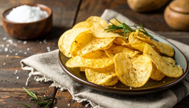 A rustic bowl of homemade crispy potato chips seasoned with fresh rosemary and coarse sea salt on a wooden table.