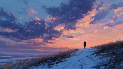 Solitary Figure in Warm Coat Watching the Last Glow of Sunset