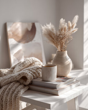 Cozy scene with ceramic vase filled with dried pampas grass and mug of coffee on stacked books, all set on white wooden stool. knitted blanket adds warmth