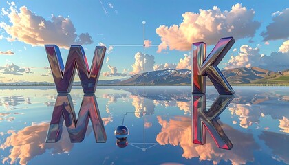 3D letters reflected in a calm lake landscape