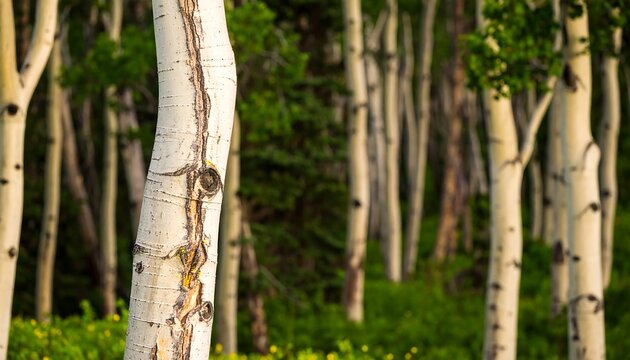 Aspen trees in a sun-dappled forest