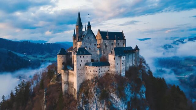 Mittelalterliches Schloss auf Berg im Nebel