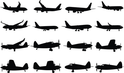 Black airplane silhouettes collection, passenger and vintage aircraft vector icons for aviation, travel, transport, airport, flight, pilot, airline, jet, propeller, design