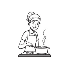 Black and White Vector Illustration of a Smiling Woman Cooking in Kitchen with Apron and Headband
