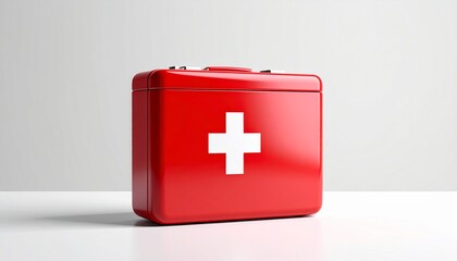 Obraz premium A bright red first aid kit with a white cross symbol sitting on a clean white surface against a light background.