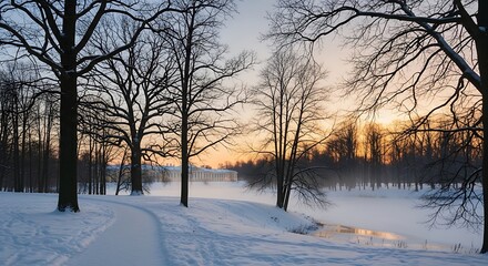 Obraz premium Winter Sunrise over Snowy Landscape with Bare Trees.