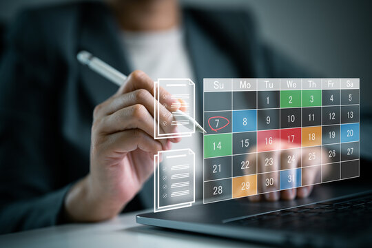 Business woman using digital pen to mark date on virtual calendar with checklist documents, task scheduling, deadline planning, productivity management, appointment and digital time tracking.