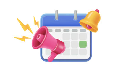 3d illustration of a calendar with a pink megaphone and a yellow bell symbolizing important dates and announcements isolated on transparent background