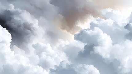 Vast blue sky, cloudscape with fluffy white clouds, and a jet plane soaring through the air, scenic travel image.