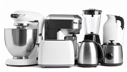 collection of kitchen appliances including blender, mixer, coffee maker, kettle, toaster, and food processor