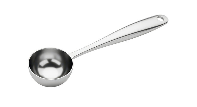 Stainless steel measuring spoon with long handle, polished chrome coffee scoop for kitchen cooking, metallic tablespoon tool isolated on white background
