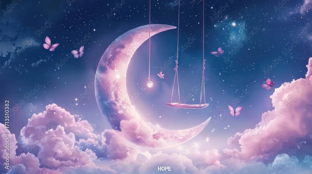 Wall mural a serene crescent moon with a swing, surrounded by butterflies and floating clouds in a starry night