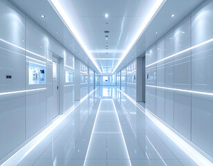 Obraz premium A high-tech corridor with reflective surfaces and glowing lights creates an immersive setting for showcasing botulinum therapy advancements and techniques. 