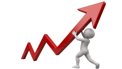 Small 3d figure character pushing a large red arrow graph upwards indicating growth and success isolated on transparent background