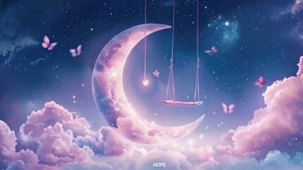 A serene crescent moon with a swing, surrounded by butterflies and floating clouds in a starry night sky.