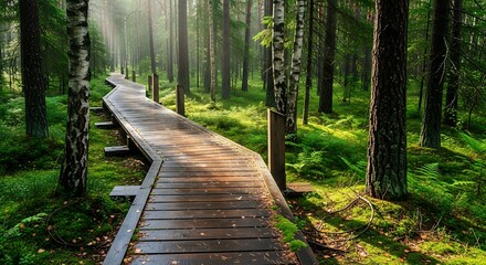 Wooden Boardwalk Path Through a Sunlit Green Forest.