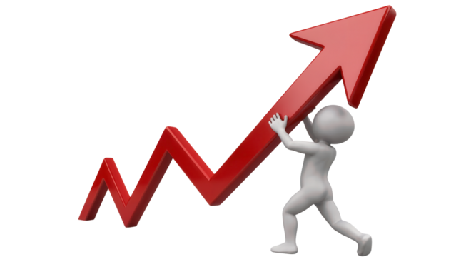 Small 3d figure character pushing a large red arrow graph upwards indicating growth and success isolated on transparent background