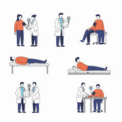 Healthcare professionals measuring blood pressure of patients in various medical check-up scenarios, illustrating routine health monitoring and diagnostic procedures.