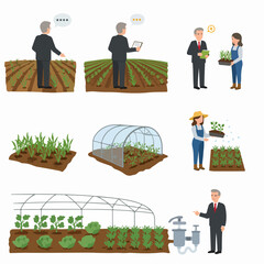 Modern agriculture and smart farming illustrations: showcasing crop cultivation, greenhouse technology, irrigation systems, and agricultural business management from seed to harvest.