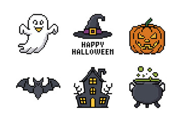 Happy Halloween pixel icons set, ghost, witch hat, pumpkin, bats, haunted house, bubbling cauldron, cute spooky vector