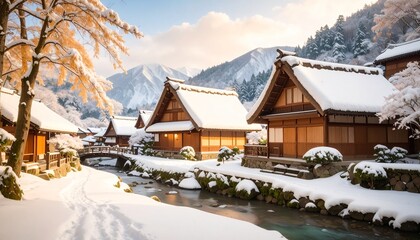 灯の漏れる美しい温泉宿、雪の国日本の観光地