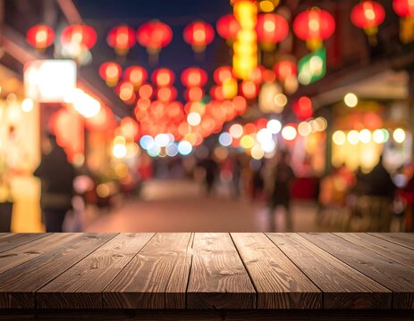 Blurred night market scene, wooden tabletop