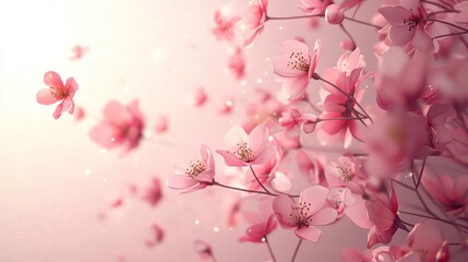 A pink cherry blossom tree with delicate pink flowers and a butterfly flying around.