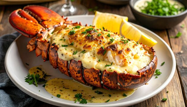 Gourmet baked lobster tail with a creamy cheese sauce and fresh herbs.