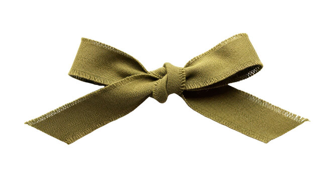Olive green fabric ribbon bow, elegant textile knot for gift wrapping, decorative sage silk ribbon element isolated on white background
