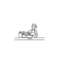 Black and White Vector Illustration of a Smiling Woman Cooking in Kitchen with Apron and Headband
