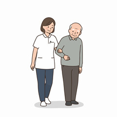A kind caregiver assists an elderly man, offering support and help during a walk, symbolizing elder care, compassion, and professional assistance.