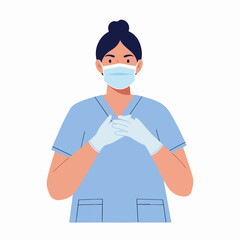 Female healthcare worker in blue scrubs, medical mask, and gloves, standing ready for service with hands clasped in a caring gesture.