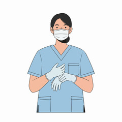 Illustration of a healthcare worker in scrubs and mask, adjusting protective medical gloves, ready for duty in a clean, professional environment.