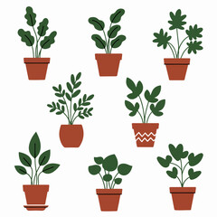 A minimalist vector illustration featuring a diverse collection of green potted houseplants in various terracotta-colored planters, ideal for home decor and nature concepts.