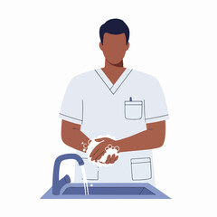 Male Medical Professional Washing Hands at Sink. Proper Hand Hygiene for Infection Prevention and Health Safety.