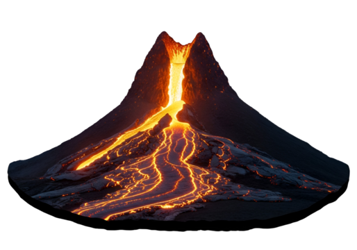 Molten lava flows from a volcanic crater against a stark black backdrop, showcasing the fiery power of nature's forces.